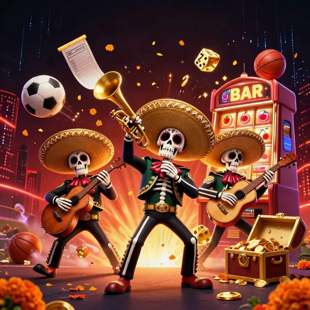 Skeleton mariachi trio, flying sports balls, slot burst, gold and neon on a dark skyline.