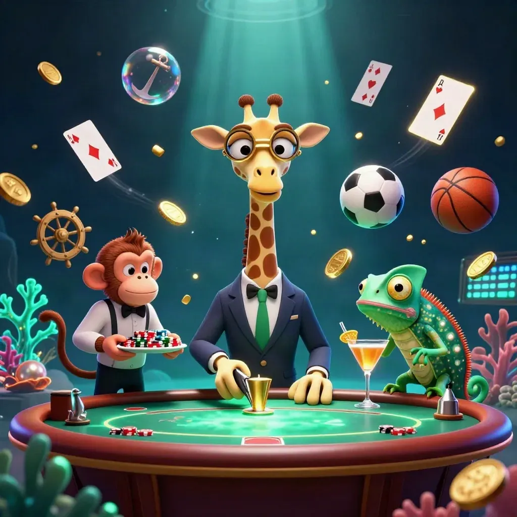 Underwater casino trio with giraffe, monkey, and chameleon amid poker chips, balls, and gold glow.