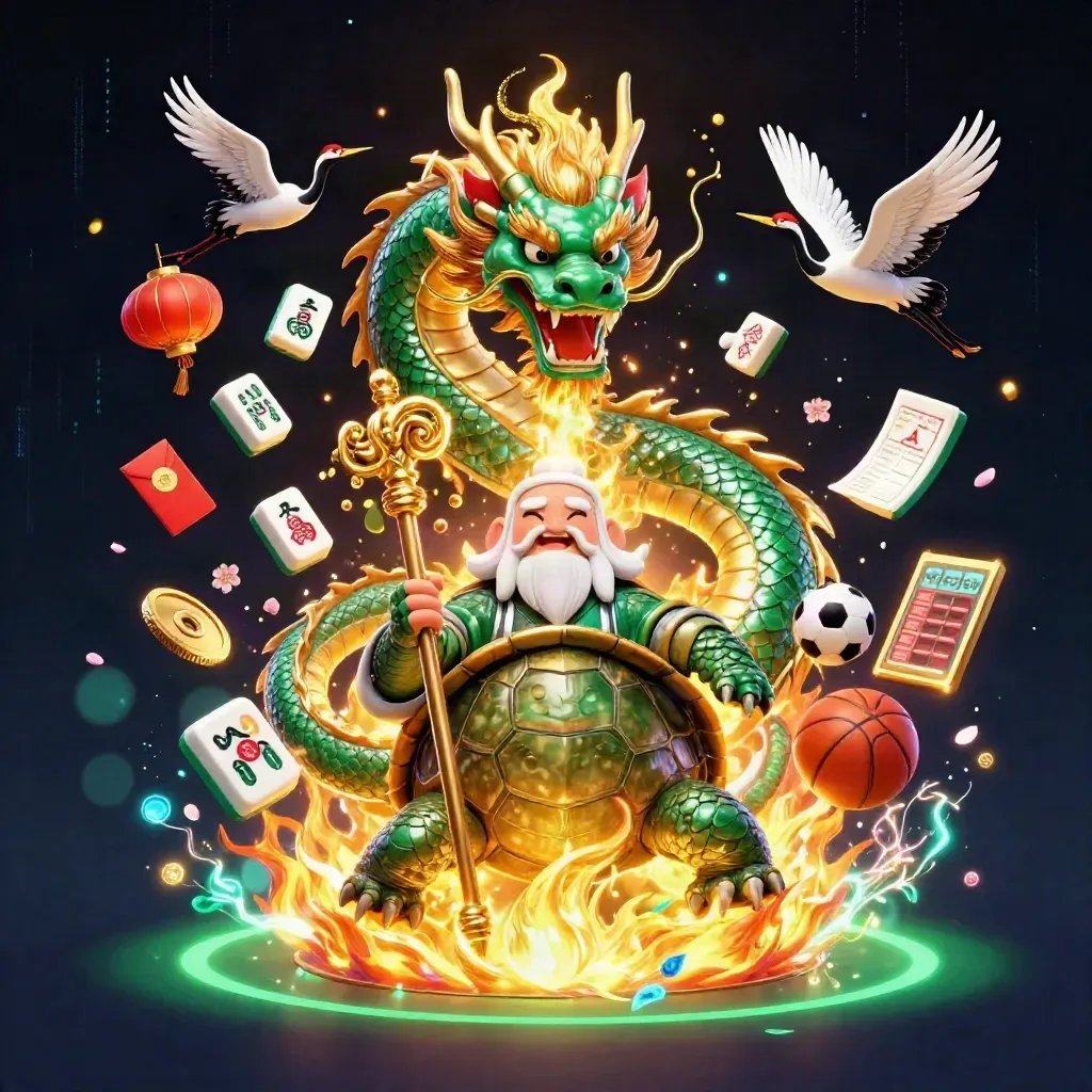 Emerald jade dragon, turtle sage, and cranes amid gold fire, coins, lanterns, and neon casino glow.