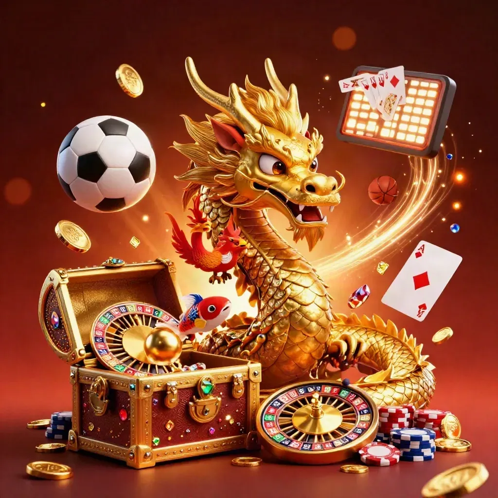 Golden dragon with phoenix, koi, chips and cards in a fiery premium casino splash