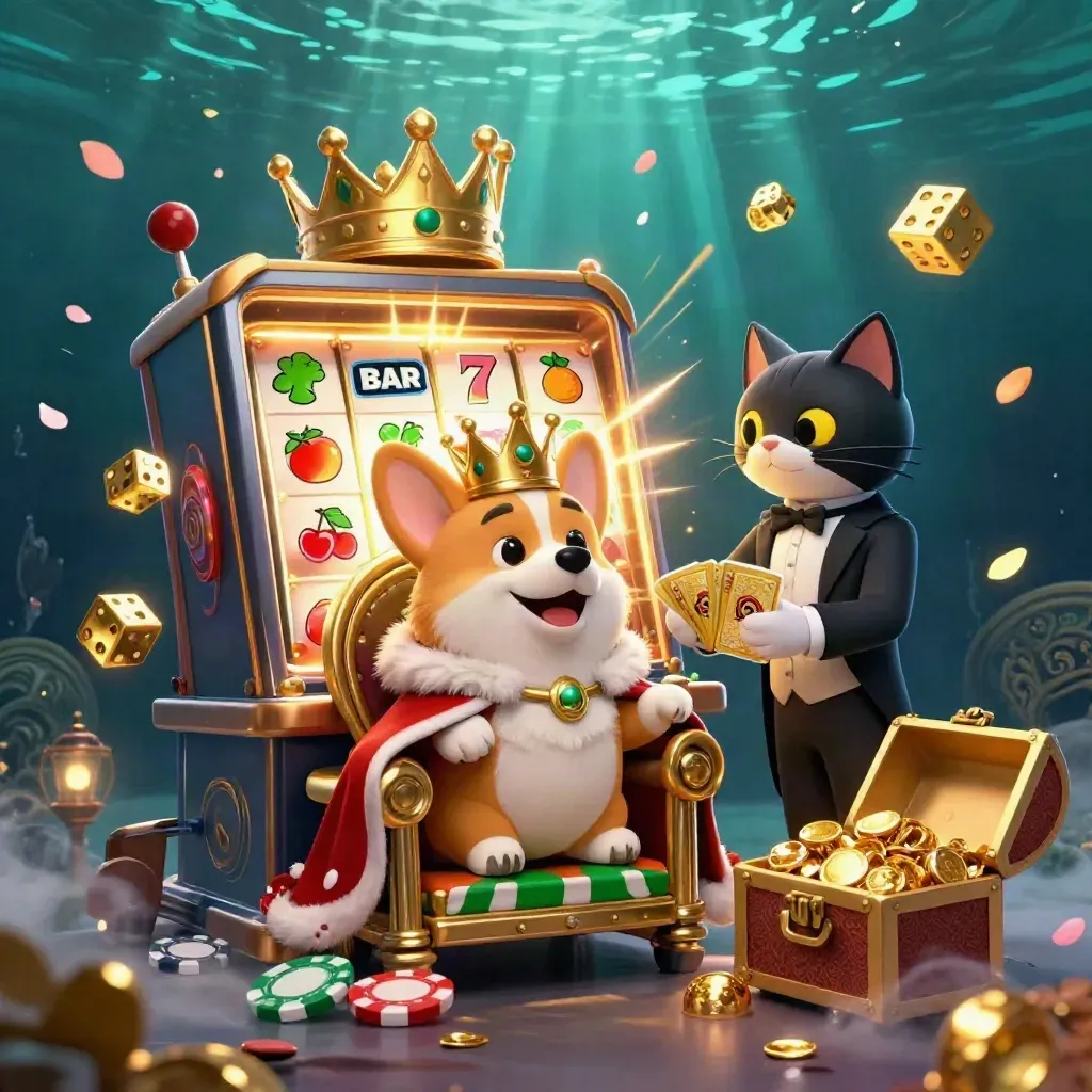 Royal corgi and cat butler amid exploding slot machine, gold and gems, underwater glow