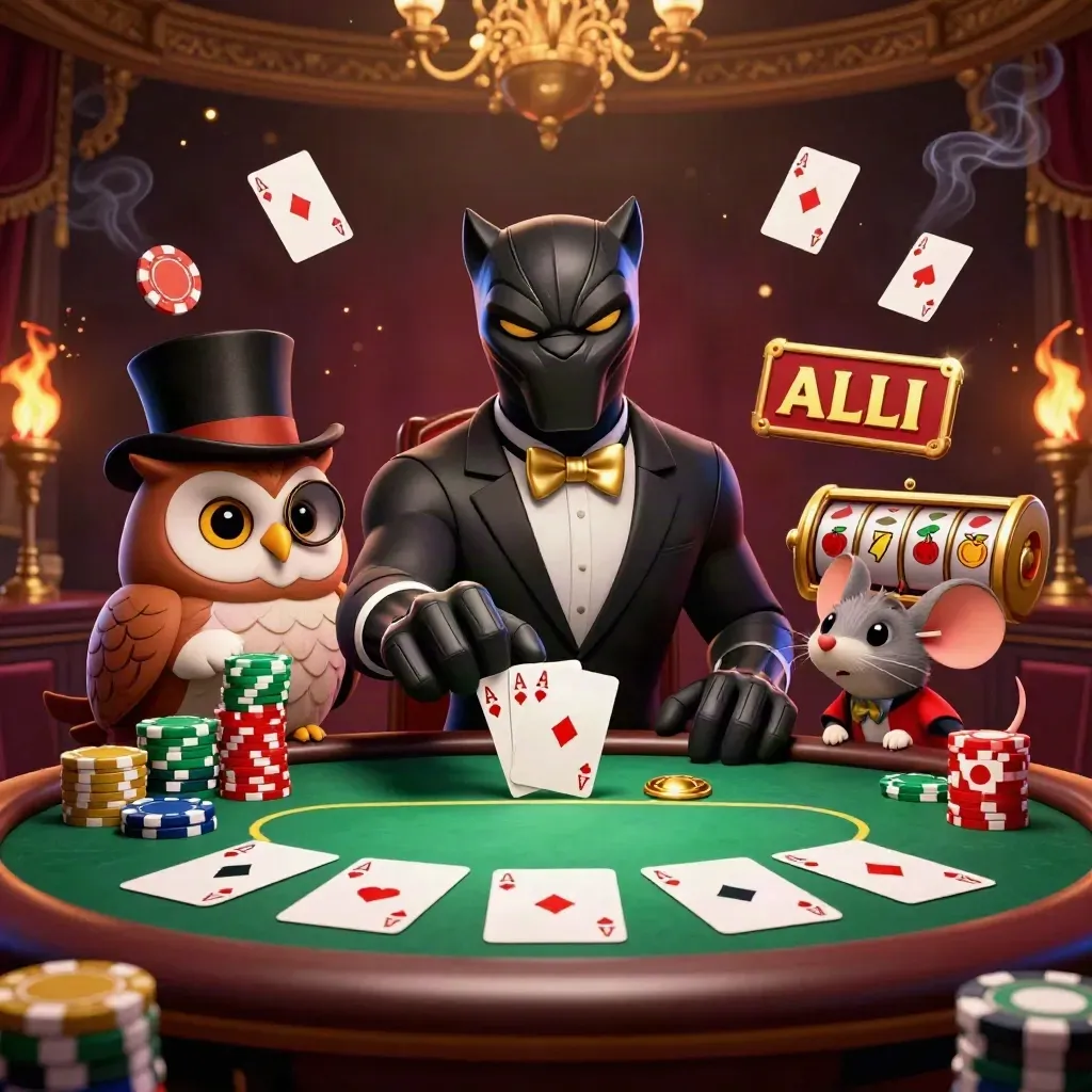 Panther, owl, and mouse in a luxe casino scene with chips, cards, and glowing embers.