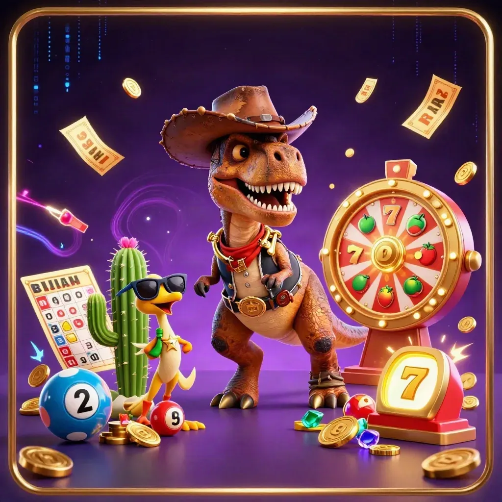 Cowboy T-Rex, cactus sidekick, and sheriff roadrunner amid casino treasure, neon streaks, and starfield.