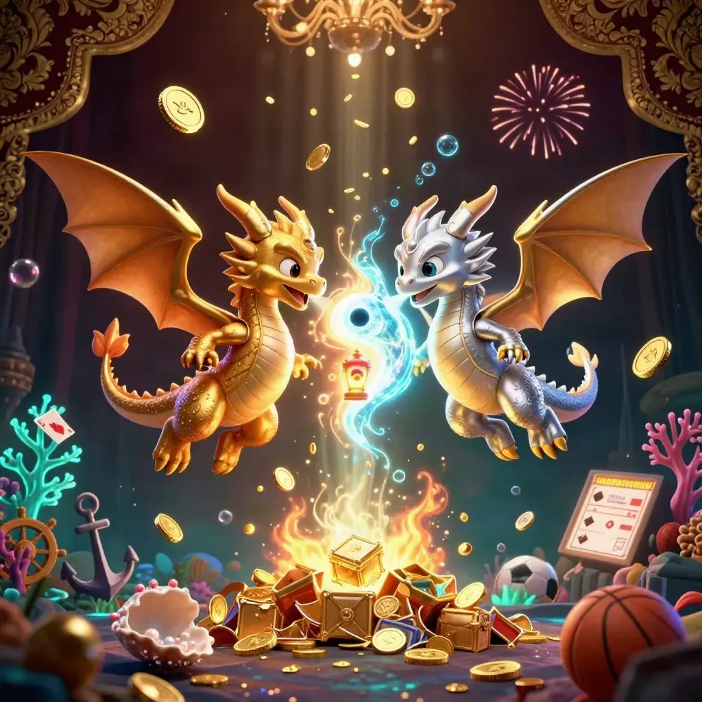 Twin gold and silver dragons burst from a treasure cove with coins, coral, bubbles, and casino props.
