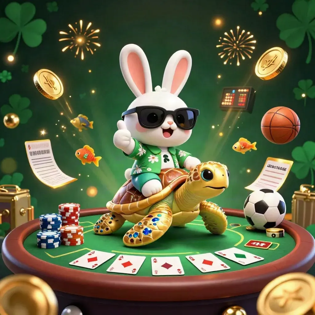 Lucky rabbit on a golden sea turtle amid coins, chips, fireworks, and casino rewards