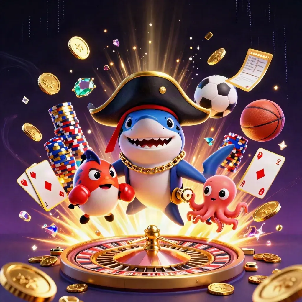 Shark pirate, pufferfish boxer, and juggling octopus amid casino coins and fireworks