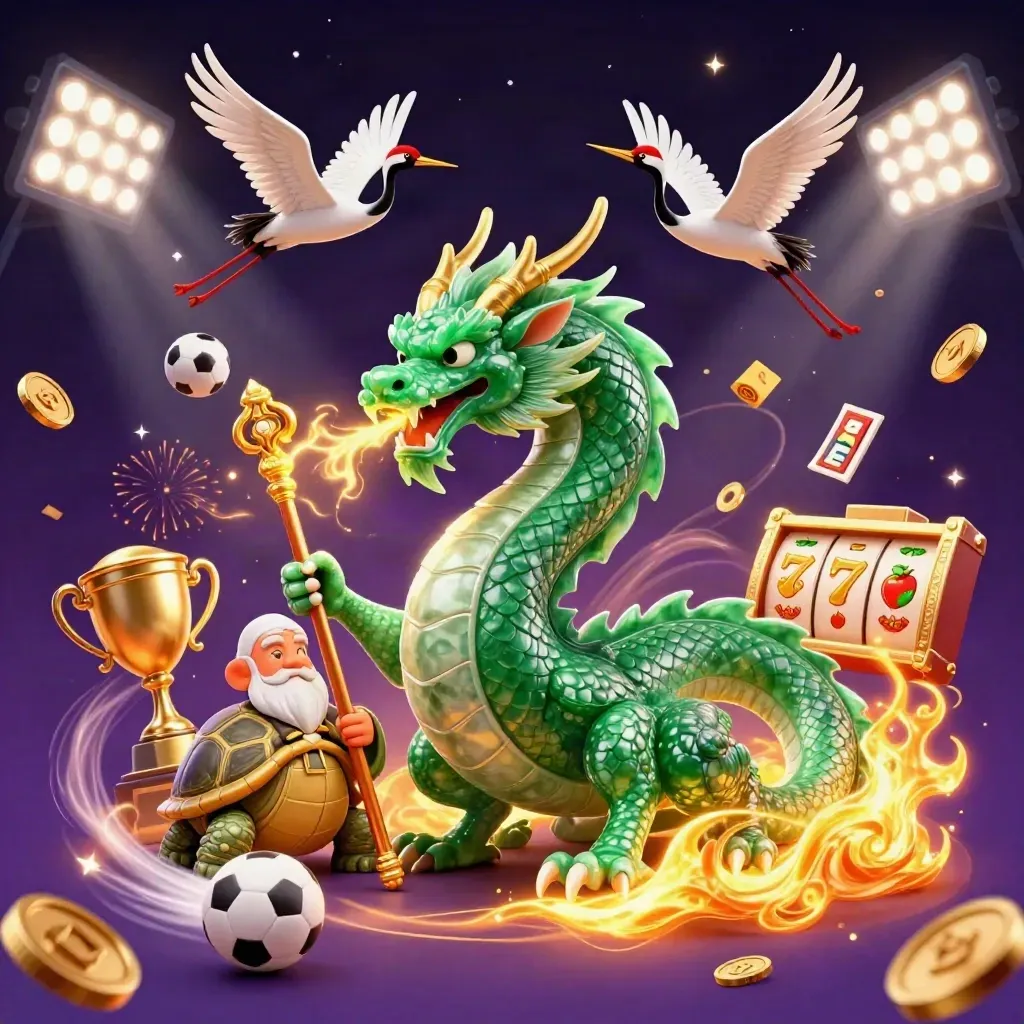 Emerald dragon, turtle sage, and cranes amid casino icons, coins, fireworks, and magical energy