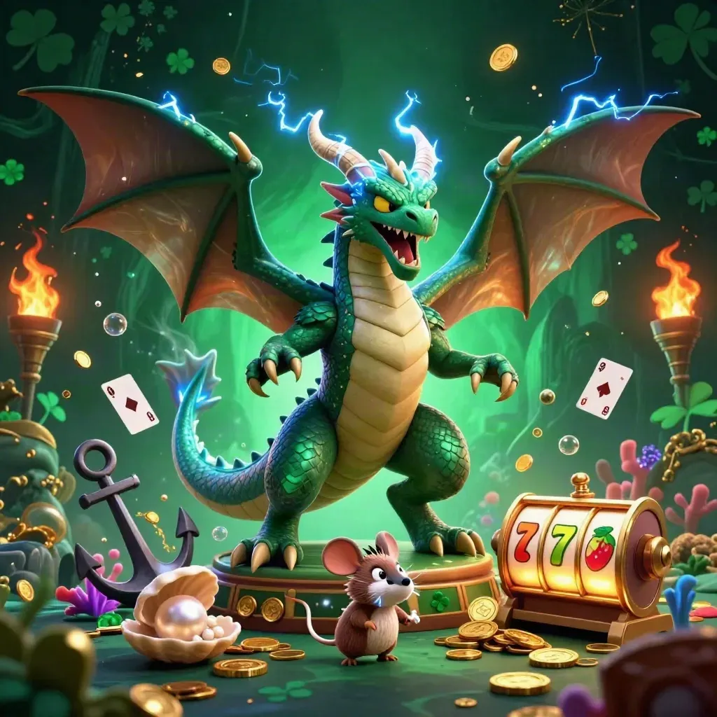 Thunder dragon, wind hawk, and static mouse amid casino loot in emerald darkness.