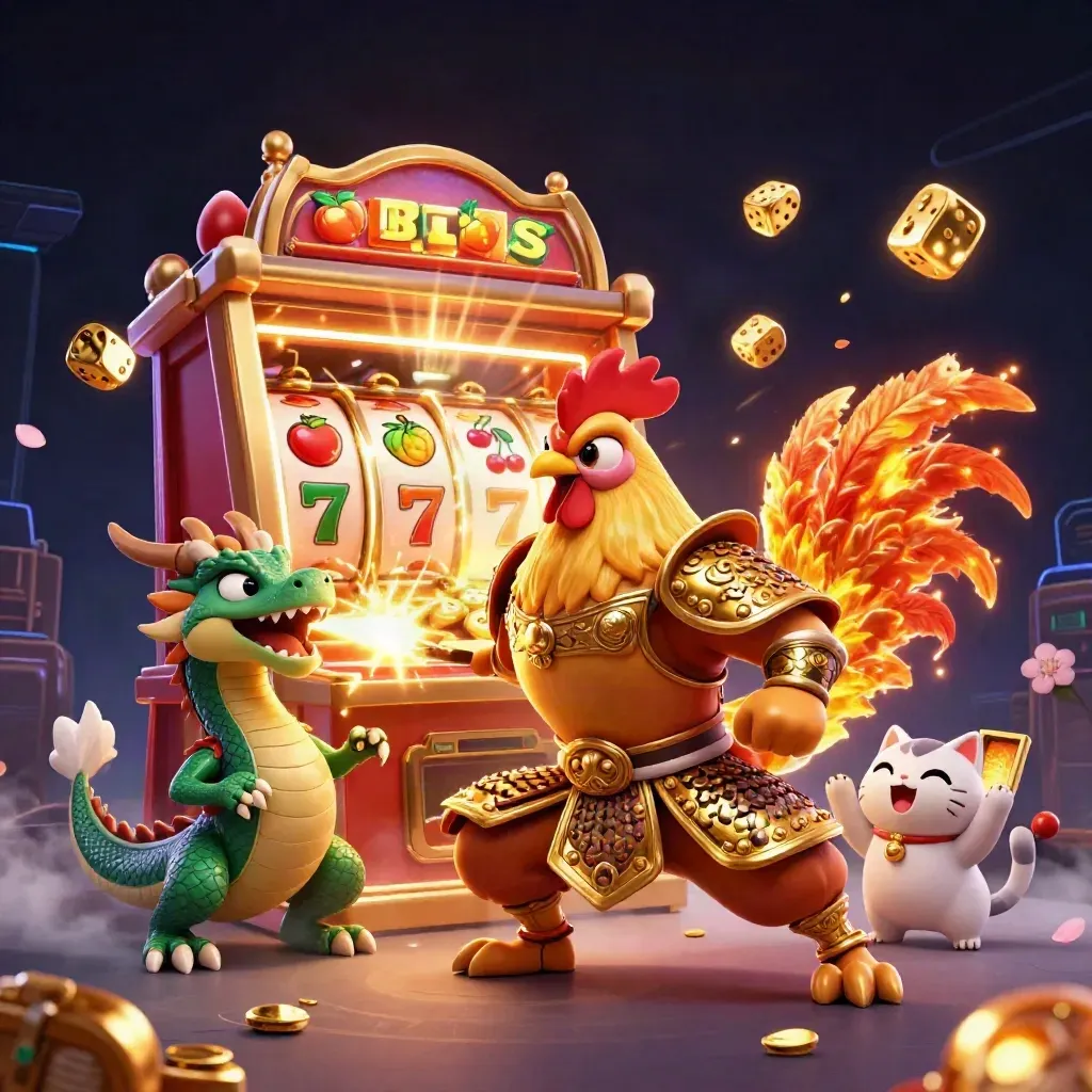 Rooster warrior, dragon hatchling, and fortune-cat amid slot reels, gold, sparks, and a dark neon casino backdrop.